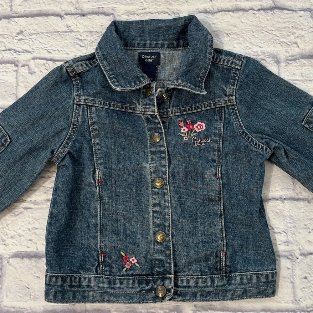 Oshkosh Girls Denim Jean Jacket Pink Floral Embroidery Button Front Girls Size 5